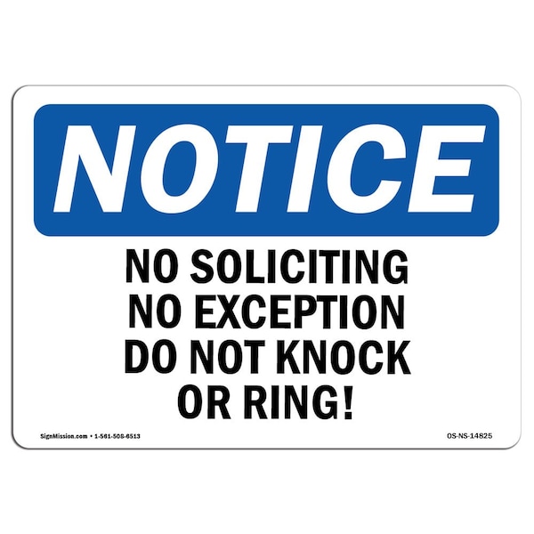 Sign, 3.5" H, 5" W, No Soliciting No Exceptions Do Not Knock Or Ring! Sign, Landscape, 10PK